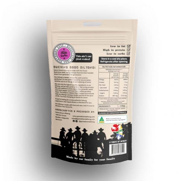 Gazza Downs Chilli Garlic Biltong made with premium Australia beef -back of package