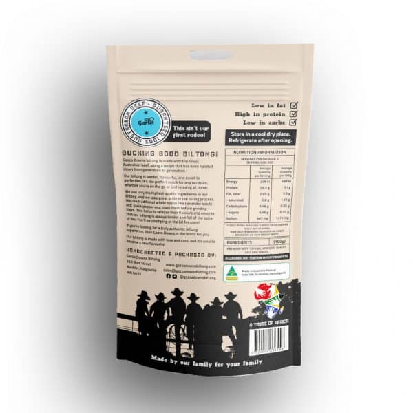 Gazza Downs Garlic Biltong made with premium Australia beef -back of package